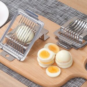 Egg slicer on a cutting board with egg slices